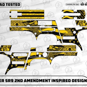 May include: A black and yellow design for a Ruger SR9, featuring an eagle, stars, and text related to the 2nd Amendment. The design includes the text "EZCAD TESTED" and "RUGER SR9 2ND AMENDMENT INSPIRED DESIGN".
