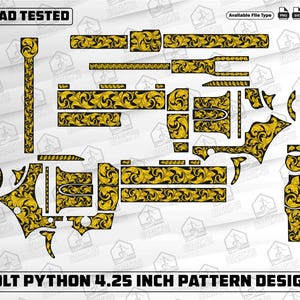 Puede incluir: Un diseño de patrón Colt Python de 4,25 pulgadas. El diseño presenta un fondo negro con un patrón floral dorado. La imagen incluye el texto "EZCAD TESTED" y "COLT PYTHON 4.25 INCH PATTERN DESIGN". Los tipos de archivo disponibles son PNG, SVG, EPS y DXF.