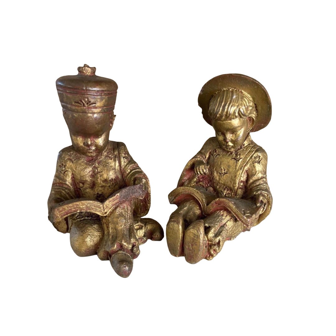 Vintage Reading Children Figurines | Gold Patina Book Lover Decor ...