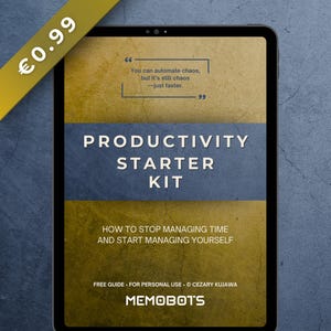 May include: A digital tablet displays the "Productivity Starter Kit" with text including "How to stop managing time and start managing yourself." The image has a yellow and blue color scheme with the text "MEMOBOTS."