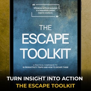 May include: A tablet displays a book cover titled "THE ESCAPE TOOLKIT" in white text against a blue and gray background. The cover includes the text "A PRACTICAL COMPANION TO 15 PRODUCTIVITY TRAPS (AND HOW TO ESCAPE THEM)" and a quote.