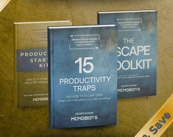 May include: A bundle of three books with titles including "Productivity Traps" and "The Escape Toolkit". The books have blue, tan, and grey covers with white text. The image includes the text "The Complete Productivity System" and "Bundle & Save".