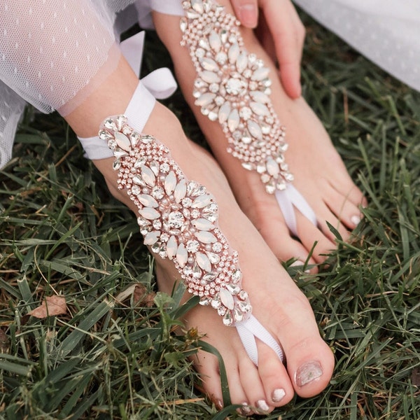 Opal Crystal Beach Wedding Barefoot Sandals- Boho Wedding- Bridal Barefoot Sandals- Crystal Foot Jewelry- Indian Wedding Sandals