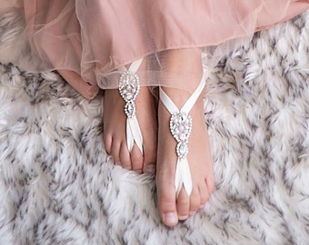 Boho Beach Wedding Barefoot Sandals- Flower Girl Barefoot Sandals- Crystal Foot Jewelry- Anklet- Slave Bracelet- Wedding Sandals