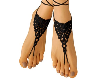 Black Barefoot Sandals, Boho Crochet Footless Sandles, Fetish Wear, Beach Wedding Shoe Alternative, Lace Foot Jewelry, Festival Thong Shoes