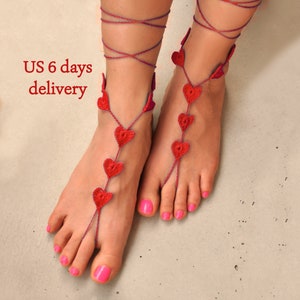 Sexy Red Heart Beach Wedding Barefoot Sandals, Valentine's Day Gift, Foot Jewelry, Heart Charm Ankle Bracelet, Bridesmaids Gift, Foot Fetish