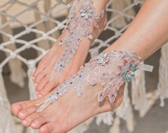 Boho Lace Barefoot Sandals, Beach Wedding Foot Jewelry, 3D Flower Bridal Boho Wedding Shoes, White -  Silver or Beige - Blue Footless Shoes