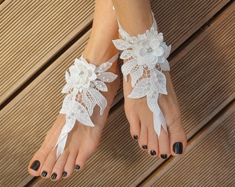 Beach Wedding Shoes Barefoot Sandals Foot Jewelry, 3D Flowers Bridal White Lace Wedding Shoes, Footless Sandles, Shoe Alternative, Eloped