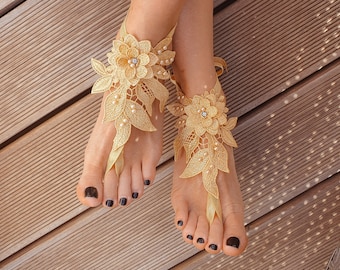 Barefoot Sandals, Beach Wedding Shoes, Foot Jewelry, 3D Flower Bridal Lace Boho Shoes, Footless Sandles Shoe Alternative for Eloped Wedding