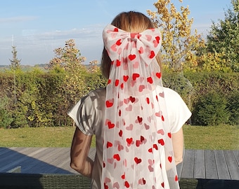Red Hearts Bridal Bow Veil, Unique Wedding Veil, Bridal Shower & Bachelorette Party Short Veil, 40th B-day, Pink  Fingertip Afterparty Veil