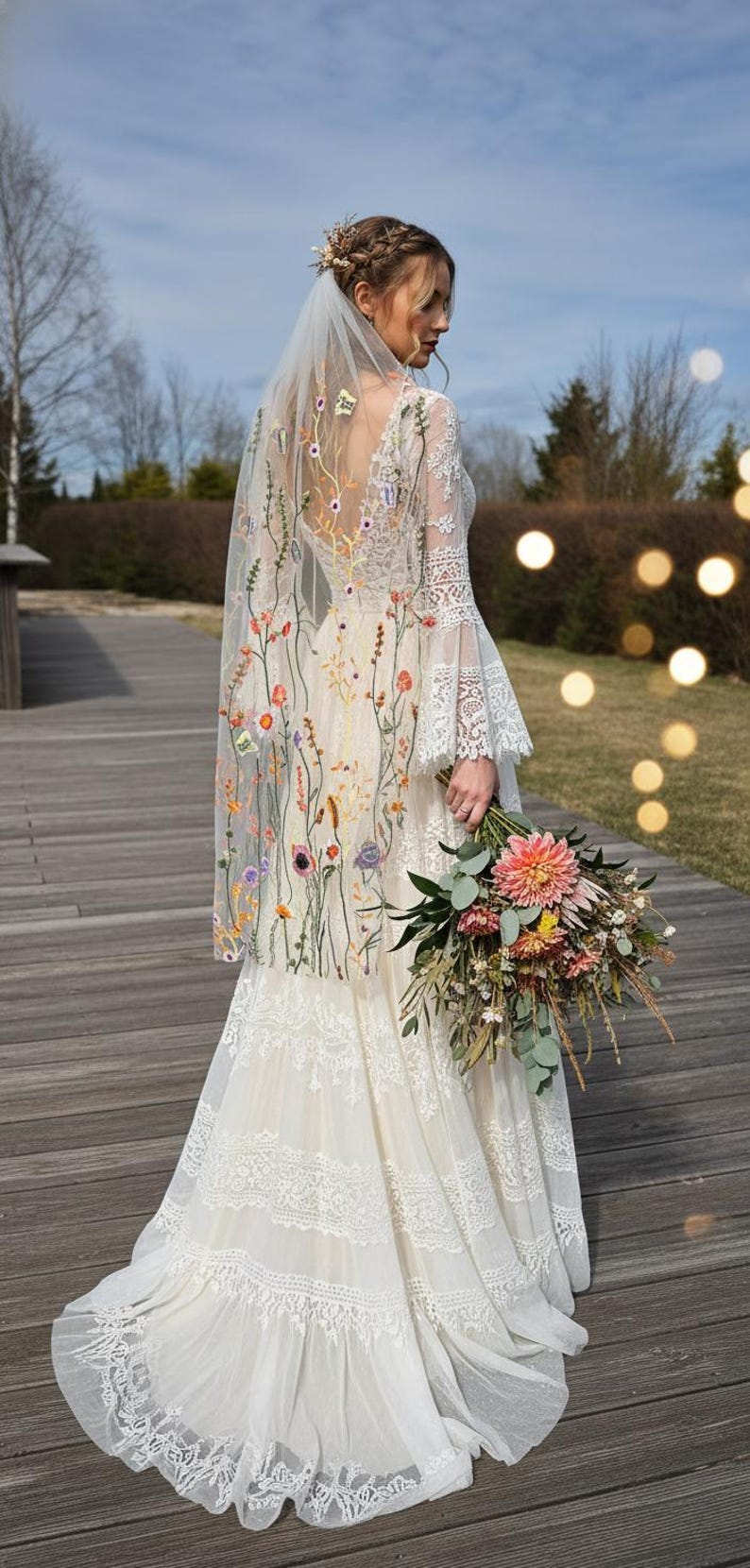 May include: A cream-colored wedding dress with floral embroidery on the veil and bodice. The dress features long lace sleeves and a layered skirt. A bouquet of flowers is held in the hand.