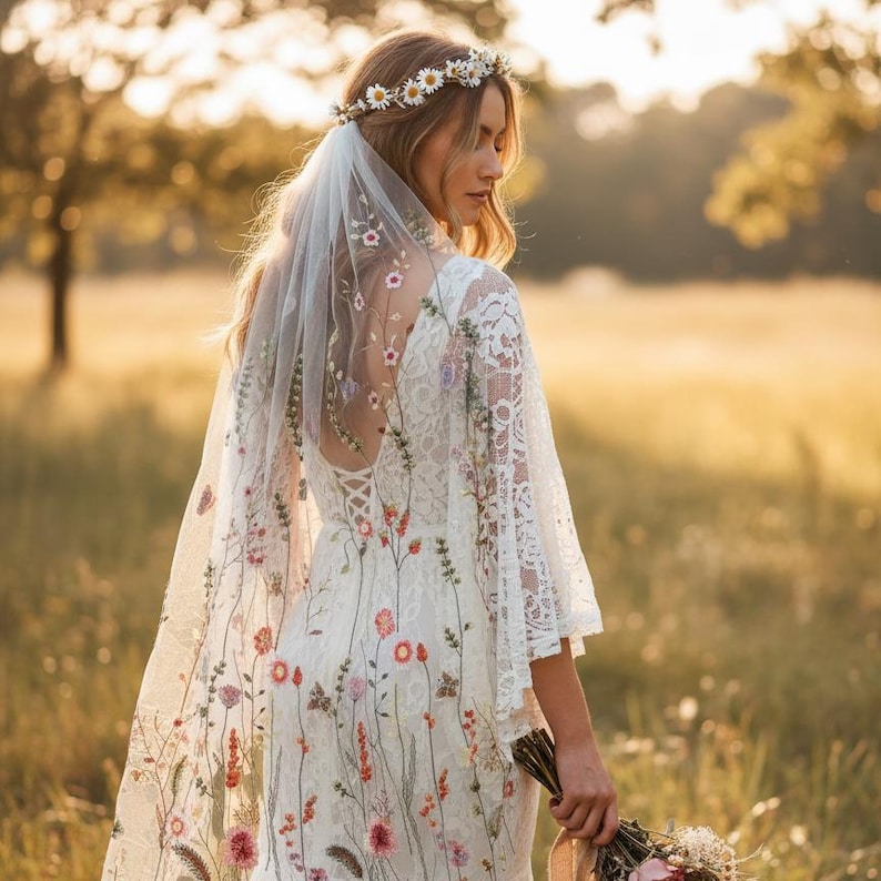 May include: A white wedding dress with floral embroidery and lace sleeves. The dress features a sheer veil with matching floral accents and a daisy flower crown. The bride is holding a bouquet of flowers in a field.
