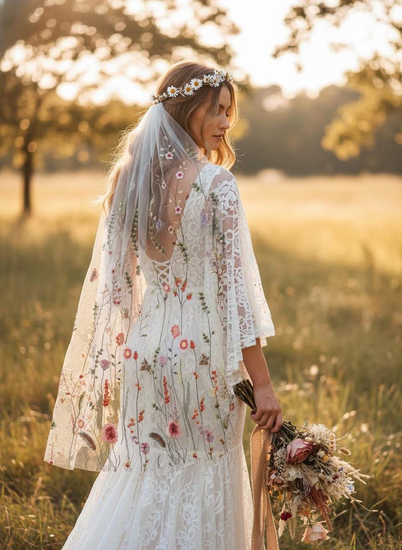 May include: A white lace wedding dress with floral embroidery and bell sleeves. The dress features a low back and a flowing skirt. A sheer veil with matching floral embroidery and a daisy crown complete the bridal look. A bouquet of dried flowers is held.