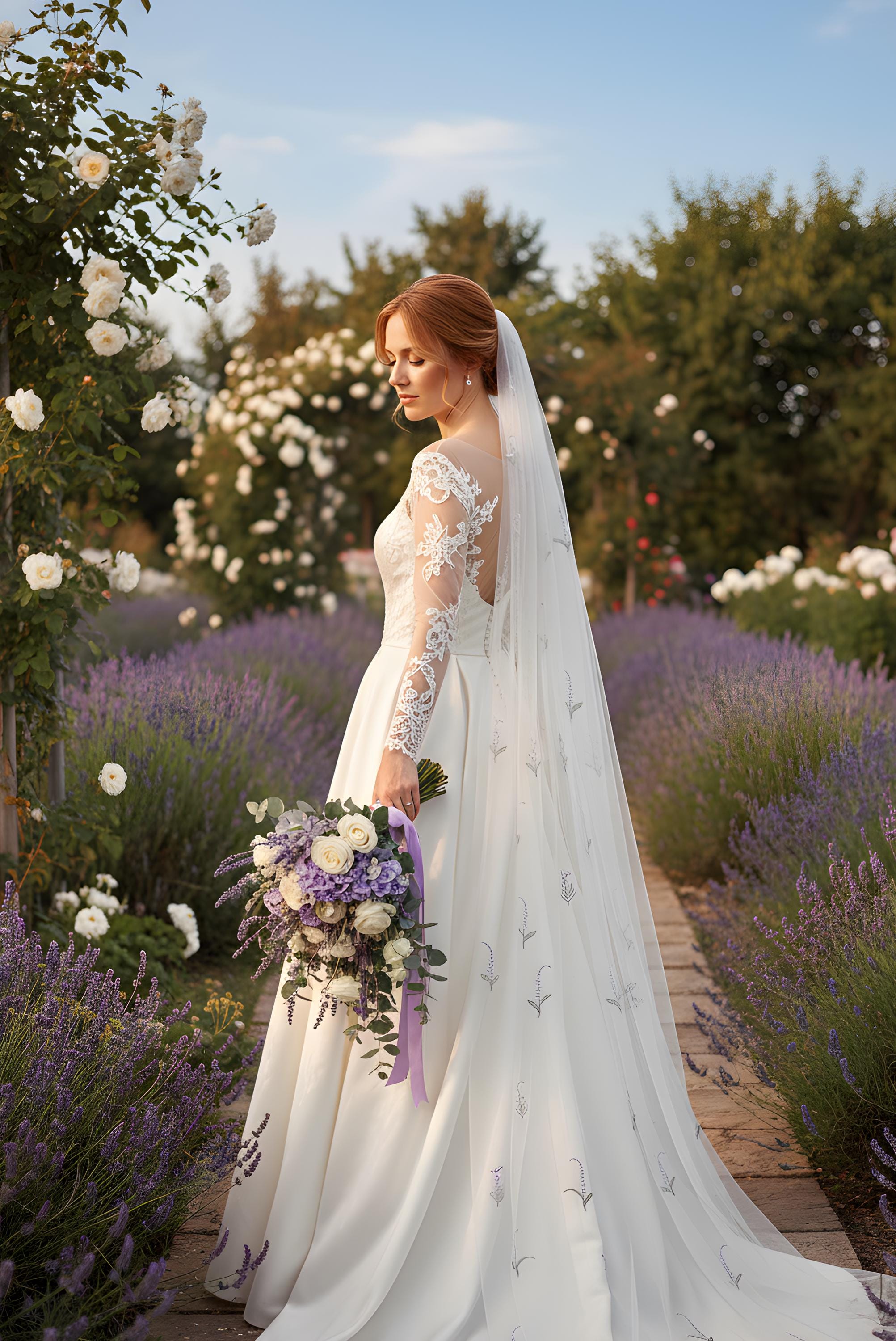 Lavender Flower Wedding Veil, Embroidered Tulle White Floral 