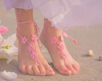 Pink Flower Girl Barefoot Sandals, Mommy and Me outfits, Baby Foot Jewelry, Beach Wedding, Footless Sandals, Barefoot Wedding