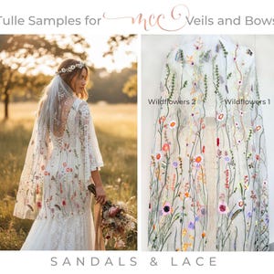 May include: White tulle veils and a wedding dress with floral embroidery. The dress has a mermaid silhouette and bell sleeves. The veils are labeled "Wildflowers 1" and "Wildflowers 2". The text "Tulle Samples for" and "Veils and Bows" is visible.