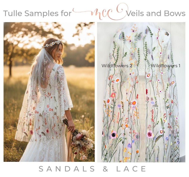 May include: White tulle veils and a wedding dress with floral embroidery. The dress has a mermaid silhouette and bell sleeves. The veils are labeled "Wildflowers 1" and "Wildflowers 2". The text "Tulle Samples for" and "Veils and Bows" is visible.
