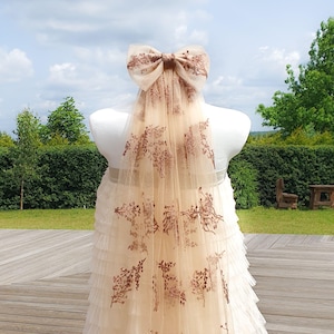 2025 Brown Floral Bow Veil, Embroidered Tulle Hair Bow with Sequins, Mocha Cinnamon Bridal Veil, Modern Boho Bride Headpiece, Ivory Red Blue