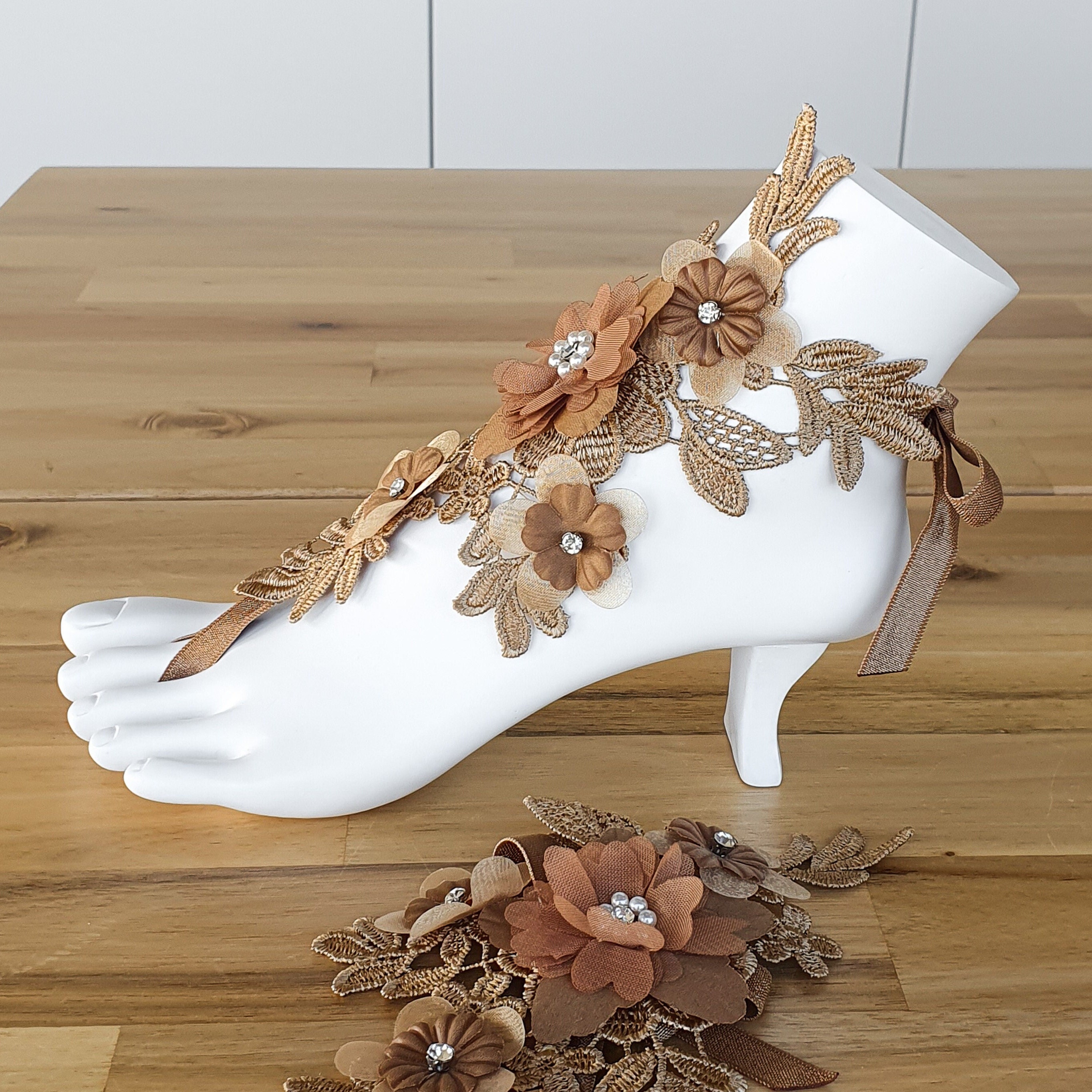 Lace Boho Bridal Barefoot Sandals: Brown Flower Pearl Foot Jewelry