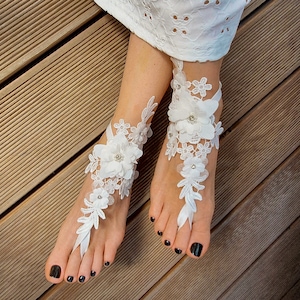 Boho Barefoot Sandals, Bridal Lace Beach Wedding Foot Jewelry, Organza 3D Flower Footless Sandles, Eloped Shoes Alternative, Black Fetish
