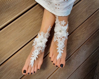 Boho Barefoot Sandals, Bridal Lace Beach Wedding Foot Jewelry, Organza 3D Flower Footless Sandles, Eloped Shoes Alternative, Black Fetish