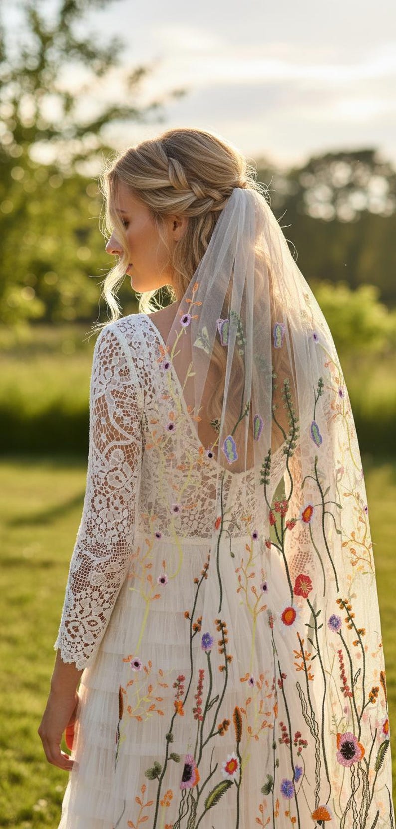 May include: A white wedding dress with a floral embroidered veil. The dress features a lace bodice and long sleeves. The veil is adorned with colorful embroidered flowers and greenery, creating a romantic and whimsical look.
