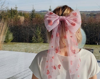 Pink Bridal Hair Bow, Wedding Veil Alternative, Tule Hair Pin, Glitter Heart Hair Comb, Bridal Shower, Bachelorette Party Favor