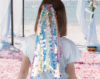 Mermaid Matrimony Bacherolette Veil, Sequin Disco Wedding Hairpiece, Holographic Tulle Veil, Funky Party Veil, Iridescent Bridal Headpiece