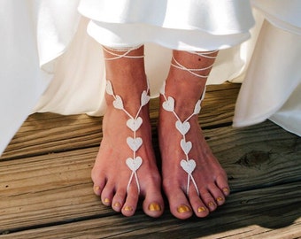 White Barefoot Sandals, Boho Beach Wedding, Bridal Foot Jewelry, Ivory Heart Footwear, Bridesmaids Gift, Eloped Wedding Accessory