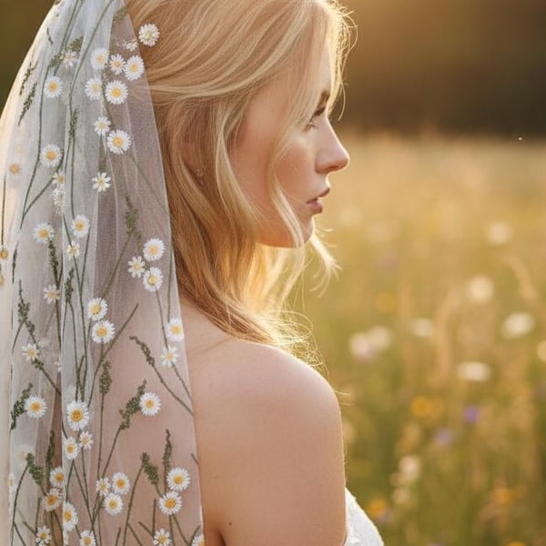 White Wedding Veil with Embroidery Daisy Flowers on Green Stems, Custom Short Bridal Veil, Daisy Camomile Wildflower Meadow Summer Wedding