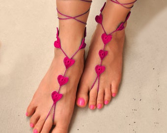 Pink Barefoot Sandals Foot Jewelry for Pink Beach Wedding, Comfortable Shoe Alternative, Bridal Wedding Shoes, Heart Charm Ankle Bracelet