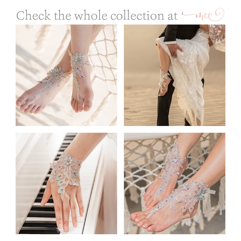 May include: A pair of delicate, floral-embellished barefoot sandals with a light blue and pink color scheme. The sandals are shown on a model's feet in various settings, including a hammock, a piano, and a beach.