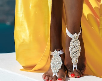 Sandalias descalzas para novias - Sandalias descalzas para bodas en la playa - Joyas de cristal para el pie - Tobillera - Pulsera esclava - Sandalias de boda bohemia - Joyería india