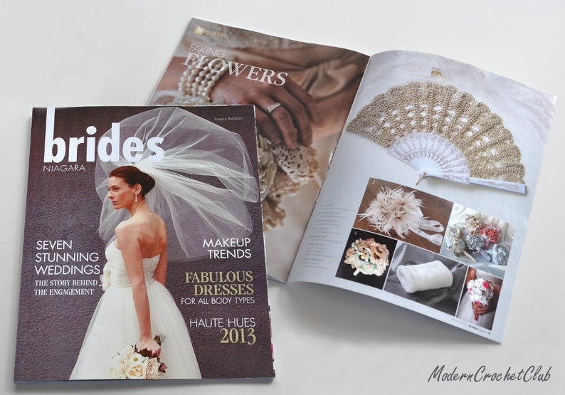 May include: A bridal magazine cover featuring a bride in a white wedding dress and veil, holding a bouquet of white flowers. The magazine title is "brides" and the text on the cover includes "Seven Stunning Weddings", "Makeup Trends", "Fabulous Dresses for All Body Types", and "Haute Hues 2013".