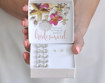 Swarovski Crystals Barefoot Sandals and Studs, Beach Wedding Thank you for being my barefoot Bridesmaid gift box, Maid of Honor jewelry set