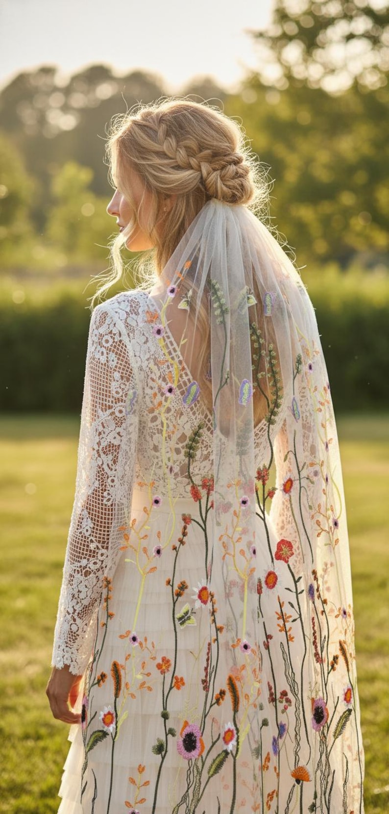 May include: A bride wearing a white wedding dress with a floral embroidered veil. The veil and dress feature colorful embroidered flowers in shades of orange, purple, and yellow. The dress has a lace bodice and long sleeves.