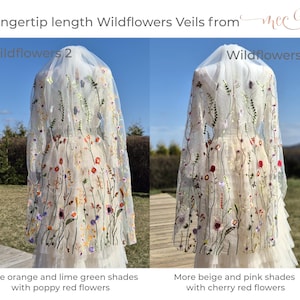 May include: Two fingertip-length wedding veils with floral embroidery. One veil features orange, lime green, and poppy red flowers. The other veil showcases beige, pink, and cherry red flowers. The veils are labeled "Wildflowers 1" and "Wildflowers 2".