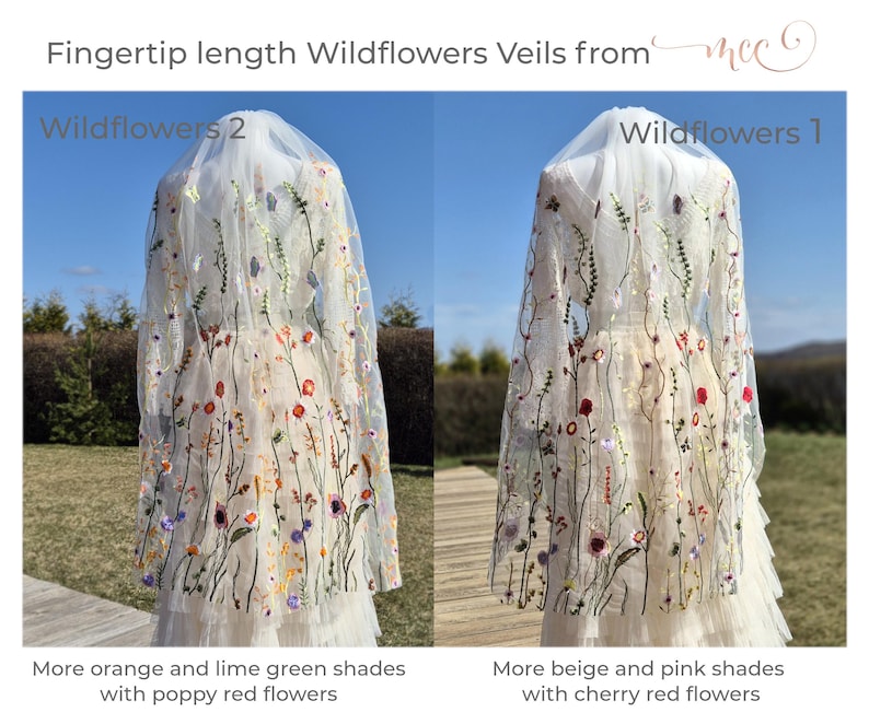 May include: Two fingertip-length wedding veils with floral embroidery. One veil features orange, lime green, and poppy red flowers. The other veil showcases beige, pink, and cherry red flowers. The veils are labeled "Wildflowers 1" and "Wildflowers 2".