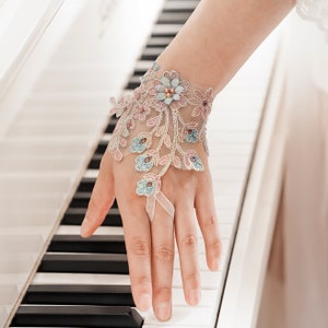 Wedding Gloves, Boho Lace Bridal Sleeves in White, Fingerless Gloves Removable Sleeves, Women 3D Flower Lace Fingerless Gloves, Tulle Gloves Brown-Beige-Blue-Sil