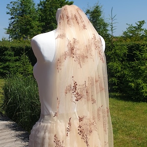Mocha Brown Floral Embroidered Tulle Veil: Boho Wedding, 42" Fingertip Length
