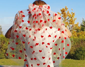 Red Hearts Bridal Bow Veil, Unique Wedding Veil, Bridal Shower & Bachelorette Party Short Veil, 40th B-day, Pink  Fingertip Afterparty Veil