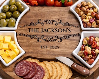 Tabla de embutidos personalizada para bodas, juego de tabla de quesos de acacia con grabado personalizado, cuencos y cuchillos, regalo de boda para pareja o despedida de soltera.