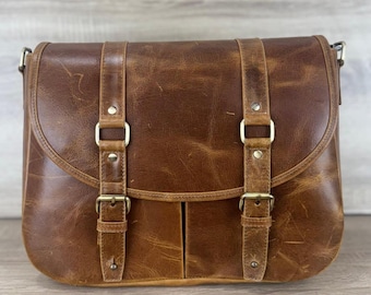 Handmade Distressed Leather Messenger Bag | 16" Laptop Satchel