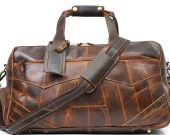 Handmade Leather Duffel Bags Men, Vintage Travel Weekender, Genuine Leather Bag with Shoe Compartment
