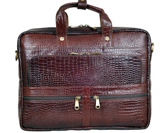 Handmade Crocodile Embossed Leather Laptop Bag, Brown Office Briefcase