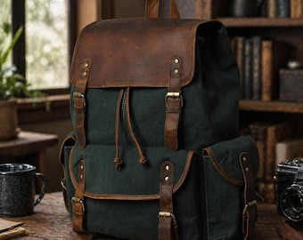 Handmade Leather Canvas Backpack, Vintage Rucksack Hiking Bag