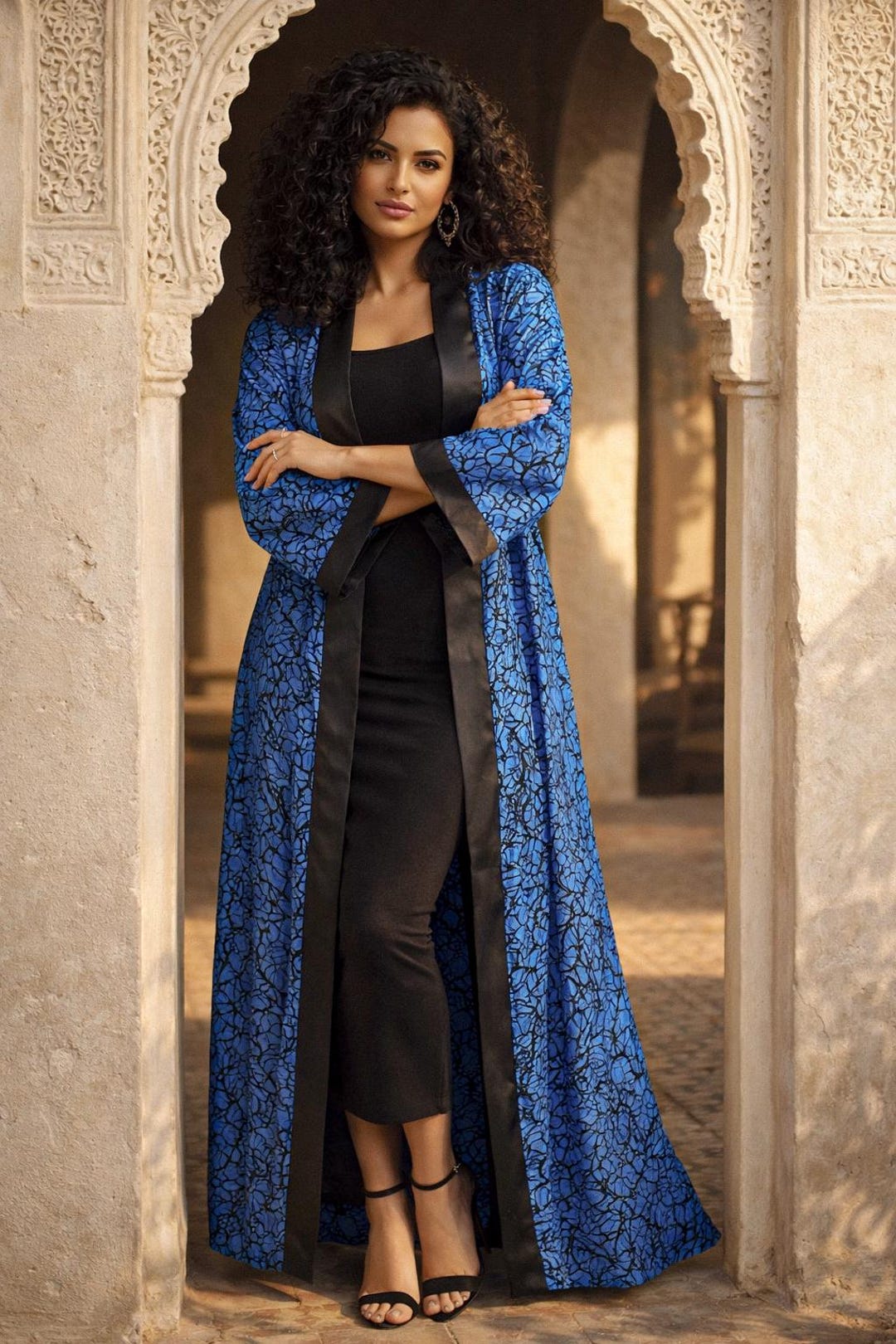 Kihara Robe Hand-sewn Ankara Kimono Robe, Blue Black Cotton Maxi Coat, One of a ...