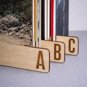 May include: Wooden record dividers with the letters A, B, and C etched into them. The dividers are holding a collection of vinyl records with colorful spines. The background is a light gray surface.