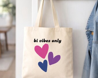 Bi Vibes Only Bisexual Pride Tote Bag Natural, Cute Bi Pride Heart Tote, Everyday Bag Gift for Friend, Hearts Bi Pride Gift, LGBTQ+ Pride