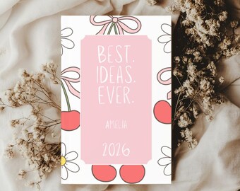 Custom Hardcover Journal Daisy and Cherry Best Ideas Ever, Personalized Name & Year, Birthday or Valentines Gift, Cute Cherry Floral Design